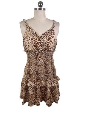 boohoo Smocked Leopard Ruffle Dress Womens 6 Brown Mobwife Y2K Night Out Flirty